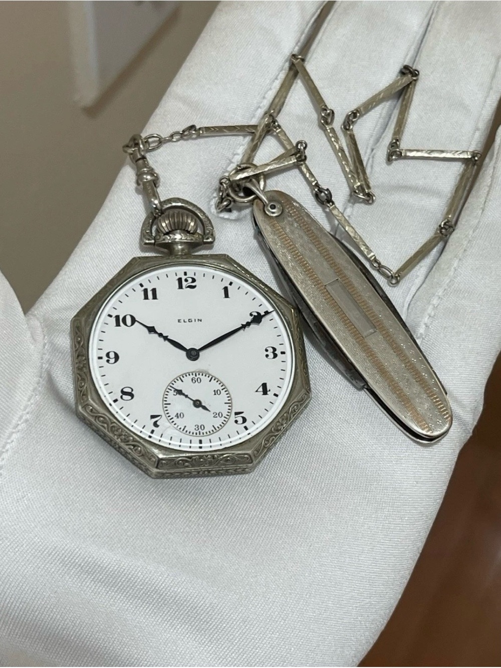 1924 Elgin Art Deco Pocket Watch 17J 12s Octagon RUNS Illinois Spartan Knife Set